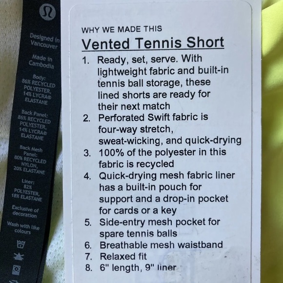 Lululemon Vented Tennis Short Men’s Size LARGE Electric Lemon GOLF RUNNING NEW - Picture 3 of 3